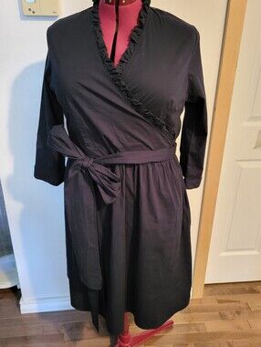 Black Ruffle Trim Wrap Dress with Waist Tie